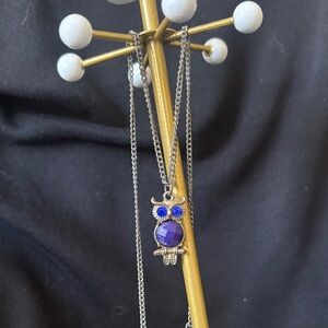 Silver Owl Pendant Necklace with Deep Blue Gemstone